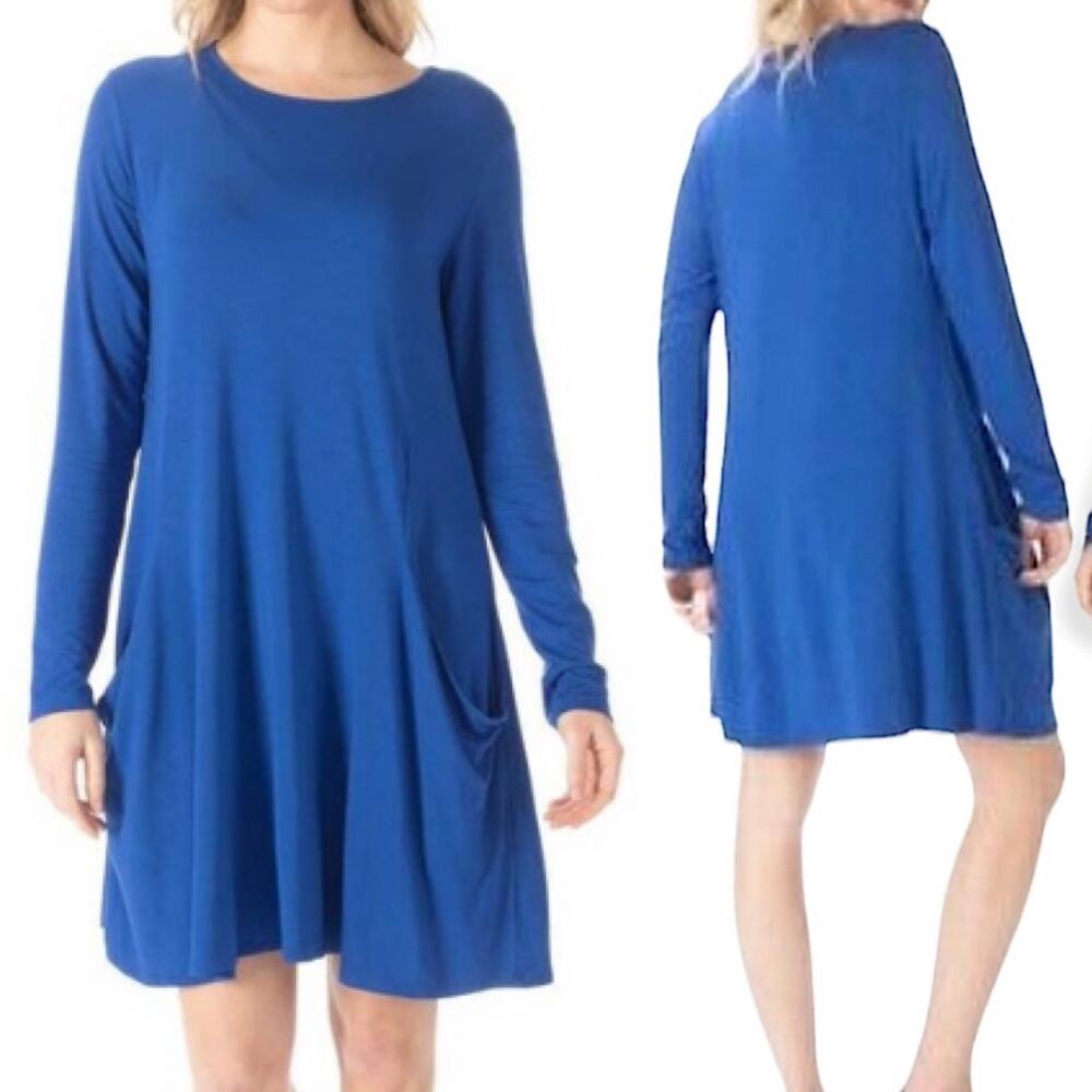 Betabrand Sweatshirt Travel Mini Dress Jersey Knit Scoop Neck Long Sleeve Blue M